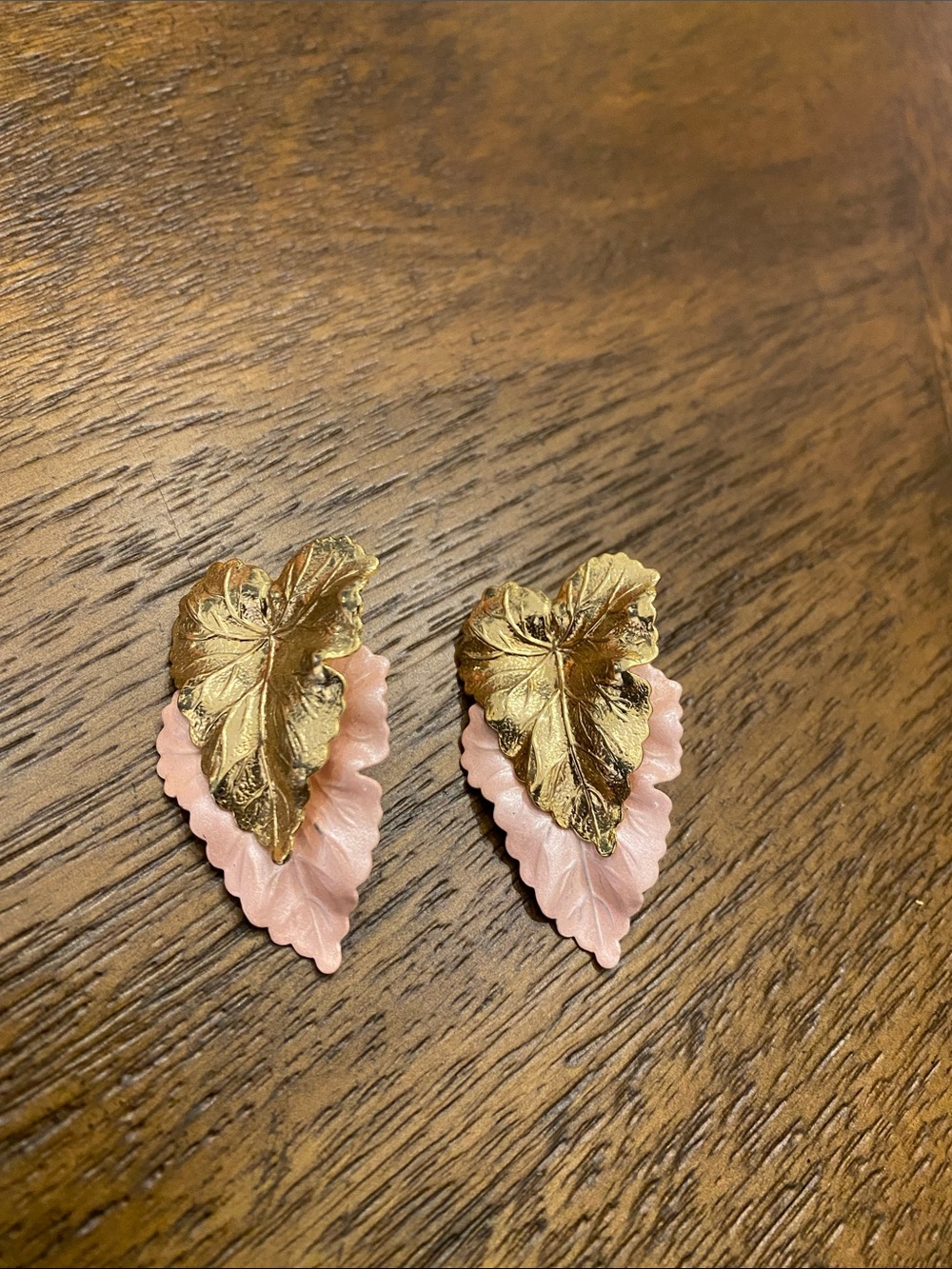 Vintage 70s Two Tone Pink Gold Layered Leaf Statement Earrings